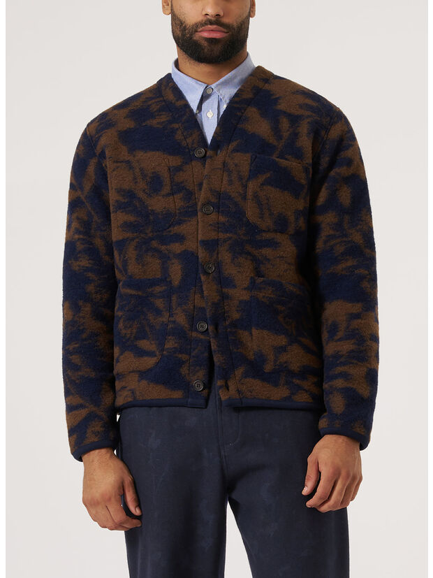 CARDIGAN STUDIO FLEECE, NAVY/BROWN, large