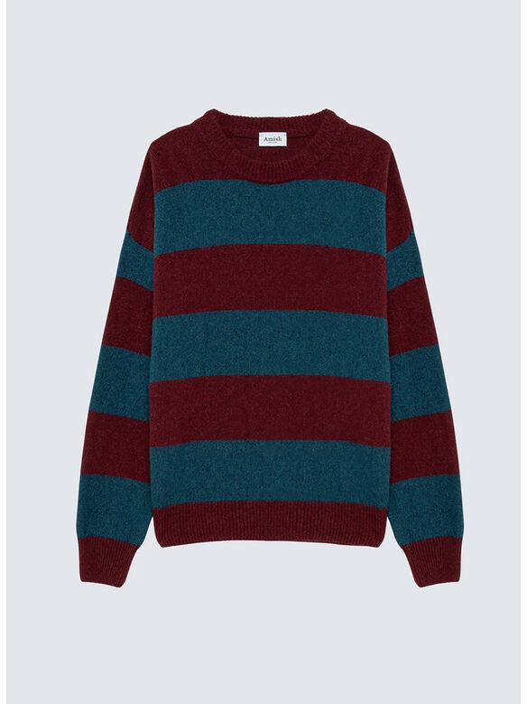 MAGLIONE GIROCOLLO A RIGHE IN LANA SHETLAND, C0517 BRICK/PEACOCK, medium