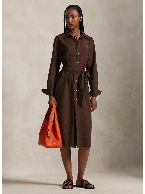 ABITO CHEMISIER IN COTONE E LINO CON CINTURA, DARK BROWN, medium