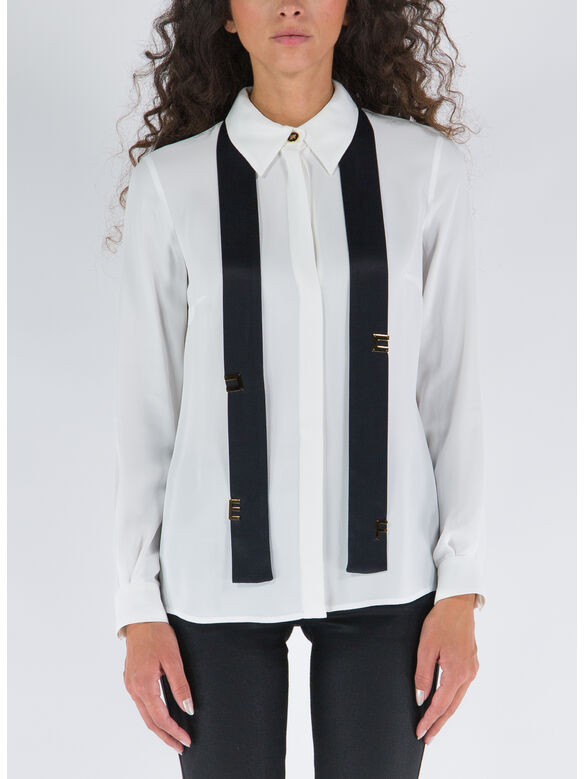 CAMICIA IN GEORGETTE CON CRAVATTINO LOGATO, 309 AVORIO/NERO, medium