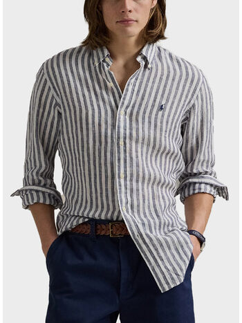 CAMICIA IN LINO A RGHE CON LOGO RICAMATO, NAVY/WHITE, small
