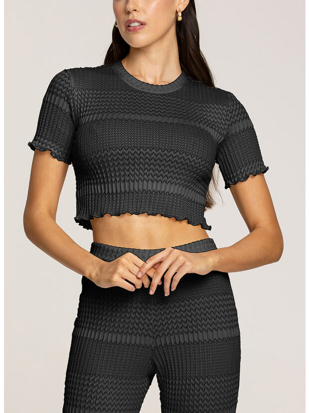 T-SHIRT CROP IN MAGLIA SEMITRASPARENTE, 110 NERO, large