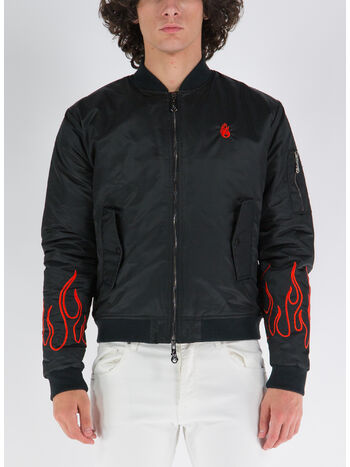 GIACCA BOMBER WITH RED EMBROIDERY FLAMES, BLACK RED, small