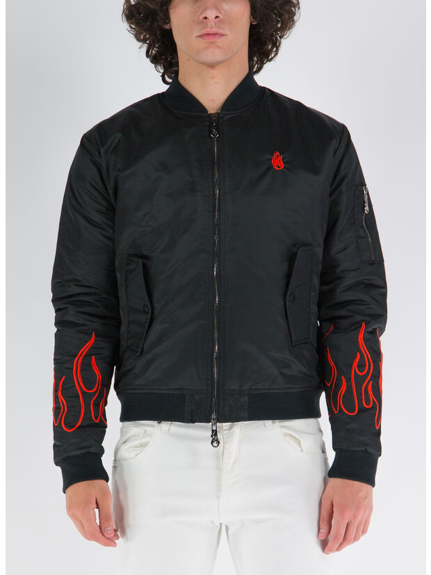 GIACCA BOMBER WITH RED EMBROIDERY FLAMES, BLACK RED, large