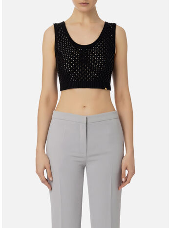 TOP IN COTONE PUNTO RETE CON STRASS, 110 NERO, small