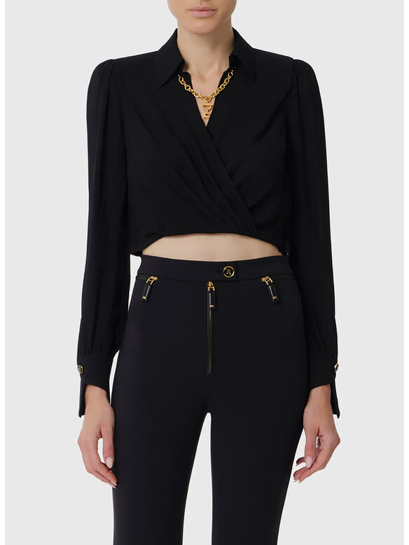 BLUSA IN GEORGETTE CON DETTAGLIO GIOIELLO, 110 NERO, medium