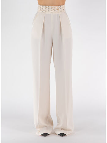 PANTALONE IN CRÊPE CON FASCIONE RICAMATO, 193 BURRO, small