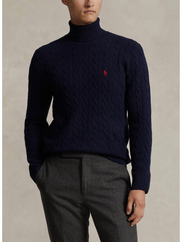 MAGLIONE A COLLO ALTO IN MAGLIA TRECCIATO, HUNTER NAVY, medium