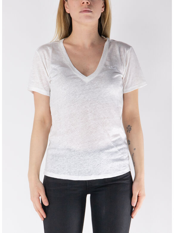 T-SHIRT ELOISE CON SCOLLO A V IN JERSEY DI LINO, 01601H 01 EMB, medium