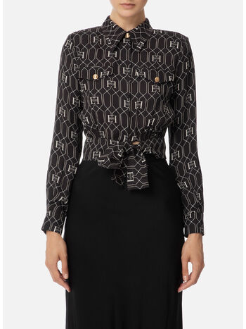 CAMICIA CROP IN VISCOSA CON STAMPA LOGO, 685 NERO BURRO, small
