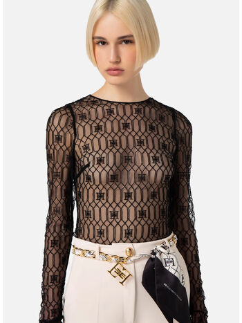 MAGLIA IN TULLE RICAMATO, 110 NERO, small