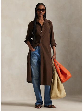 ABITO CHEMISIER IN COTONE E LINO CON CINTURA, DARK BROWN, small