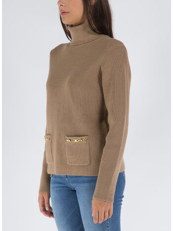 MAGLIA A COSTINE CON COLLO ALTO E DETTAGLIO MORSETTO, 390 TORTORA, small