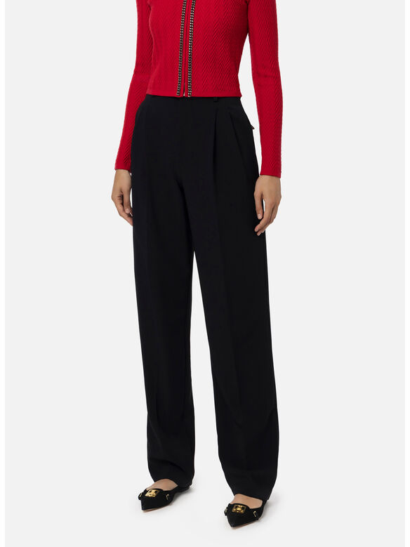 PANTALONE IN CR&Ecirc;PE STRETCH CON DOPPIE PINCES, 110 NERO, medium