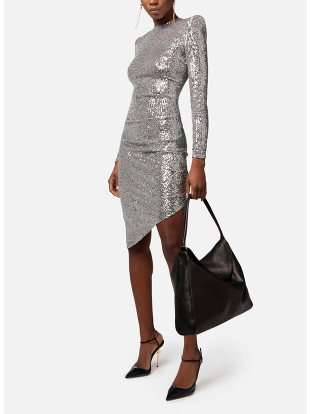 ABITO MINI IN PAILLETTES E ORLO ASIMMETRICO, 155 PERLA, large
