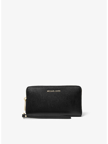 POCHETTE DA POLSO GRANDE IN PELLE A GRANA INCROCIATA PER SMARTPHONE, 001 BLACK, small