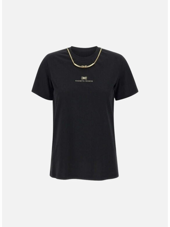 T-SHIRT IN JERSEY DI COTONE CON COLLANA, 110 NERO, medium