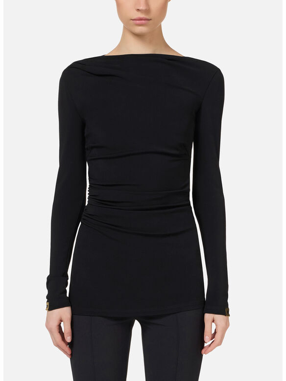 MAGLIA IN JERSEY CON DRAPPEGGIO, 110 NERO, medium