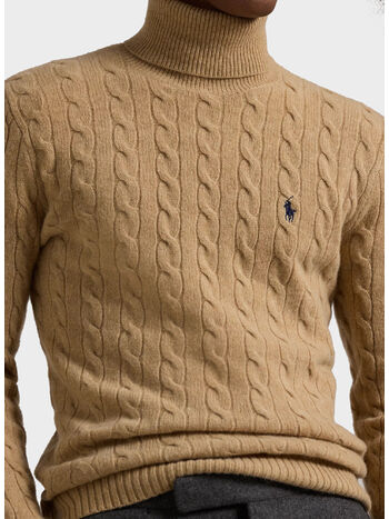 MAGLIONE A COLLO ALTO CON LOGO, CAMEL MELANGE, small