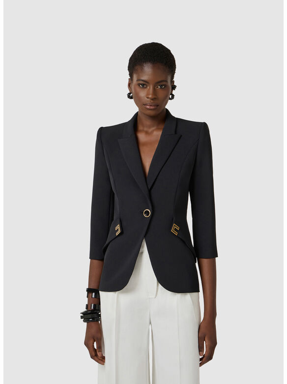 GIACCA IN DOPPIO CR&Ecirc;PE STRETCH CON DETTAGLI LOGO, 110 NERO, medium