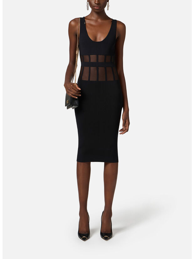 ABITO IN VISCOSA CON TAGLI CORSETTERIA, 110 NERO, large