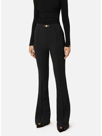 PANTALONE PALAZZO IN CRÊPE STRETCH CON MORSETTO, 110 NERO, small