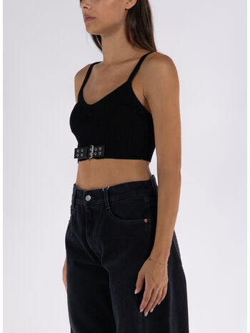 CROP TOP IN MAGLIA STRETCH BIKER BUCKLES, A0555, small