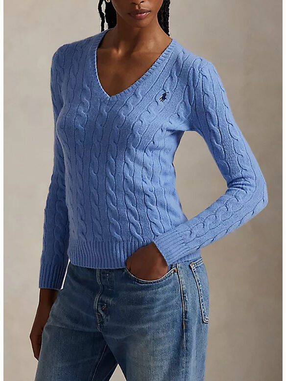 MAGLIONE CON SCOLLO A V IN MAGLIA TRECCIATO, NEW LITCHFIELD BLUE, medium