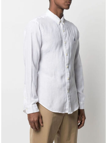 CAMICIA DI LINO CON LOGO RICAMATO, WHITE, small