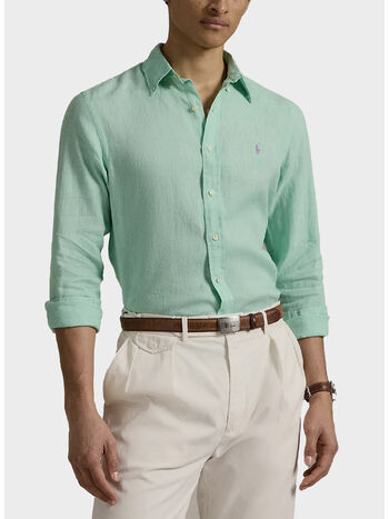CAMICIA IN LINO CON LOGO RICAMATO, AQUA VERDE, small