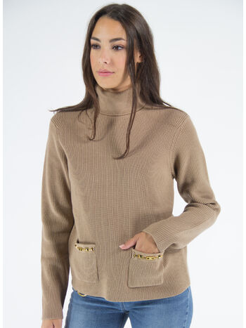 MAGLIA A COSTINE CON COLLO ALTO E DETTAGLIO MORSETTO, 390 TORTORA, small