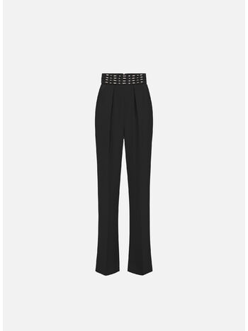 PANTALONE IN CRÊPE CON FASCIONE RICAMATO, 110 NERO, small
