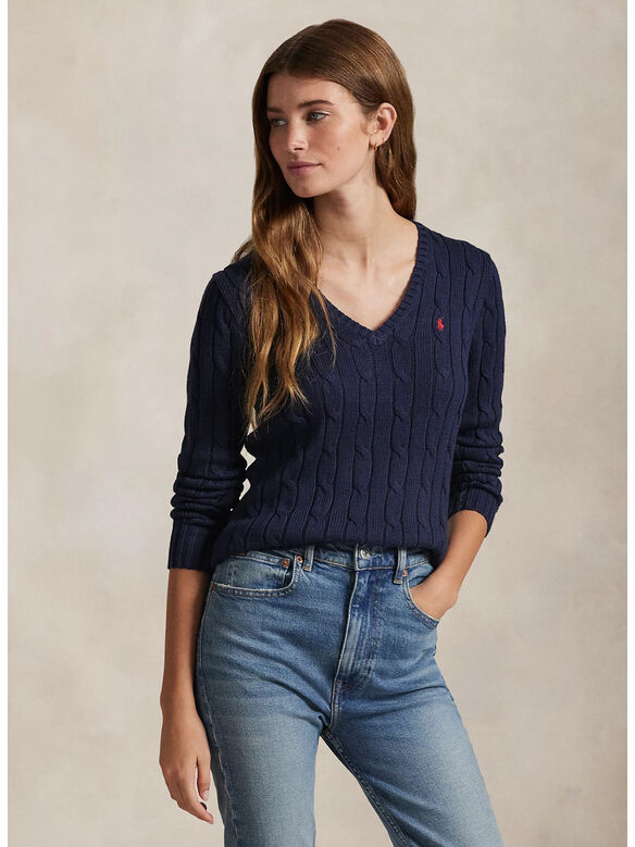 MAGLIONE IN COTONE A TRECCE CON SCOLLO A V, HUNTER NAVY, medium