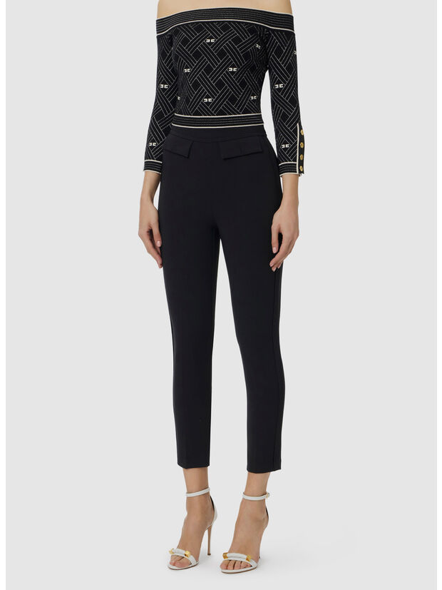 PANTALONE IN DOPPIO CR&Ecirc;PE STRETCH CON LOGO RICAMATO, 110 NERO, large
