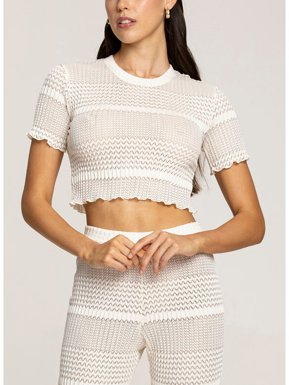 T-SHIRT CROP IN MAGLIA SEMITRASPARENTE, 001 BIANCO, medium