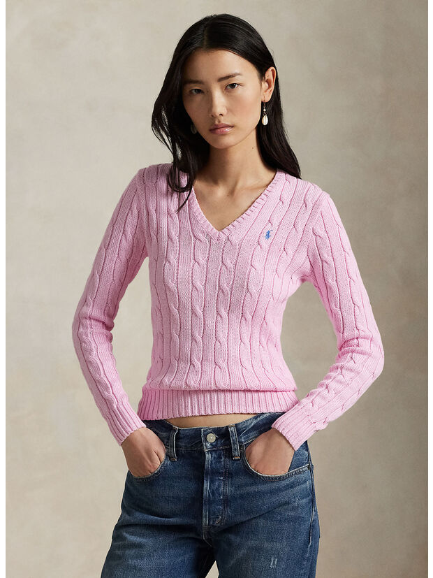 MAGLIONE IN COTONE A TRECCE CON SCOLLO A V, CARMEL PINK, large