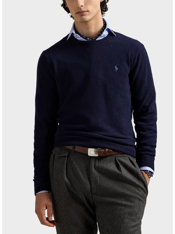 MAGLIONE GIROCOLLO IN LANA CON LOGO RICAMATO, HUNTER NAVY, medium