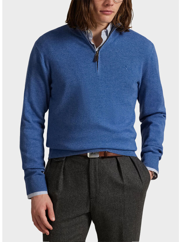 MAGLIONE MEZZA ZIP CON LOGO RICAMATO, TIDE POOL BLUE HTHR, large