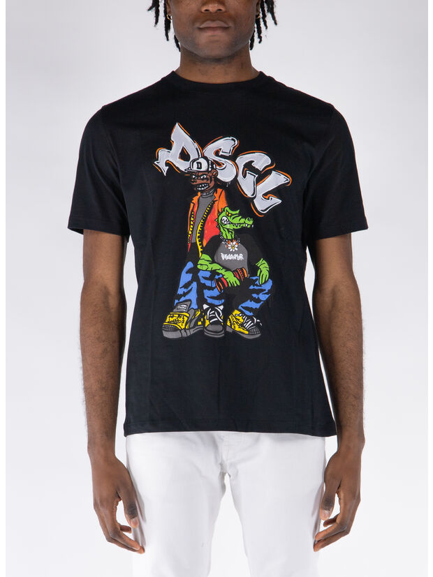 T-SHIRT GIROCOLLO CON STAMPA, NERO, large