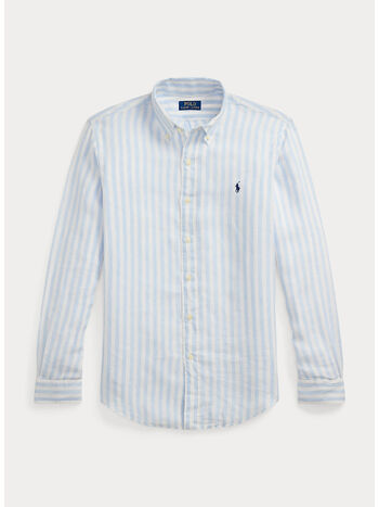 CAMICIA IN LINO A RGHE CON LOGO RICAMATO, OFFICE BLUE/WHITE, small