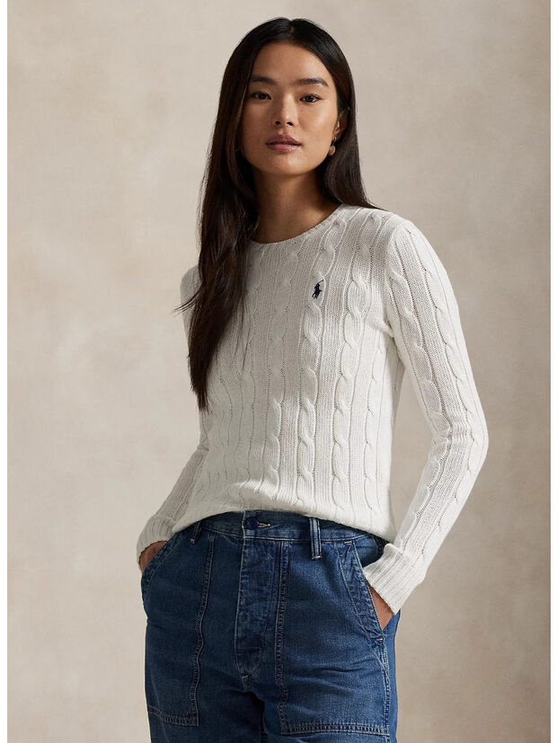 MAGLIONE A GIROCOLLO IN COTONE A TRECCE, WHITE, large