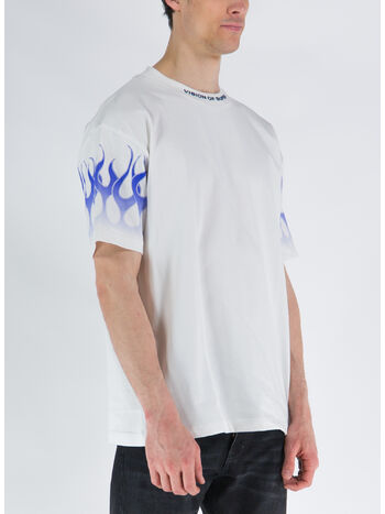T-SHIRT WITH BLUE FLAMES, OFF WHITE, small