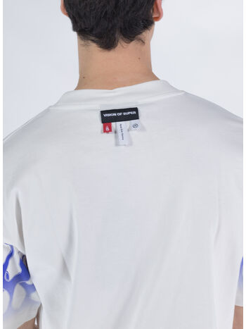 T-SHIRT WITH BLUE FLAMES, OFF WHITE, small