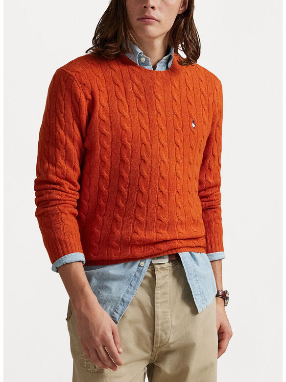 MAGLIONE GIROCOLLO IN MAGLIA TRECCIATO, DARK JAFFA ORANGE HTR, medium