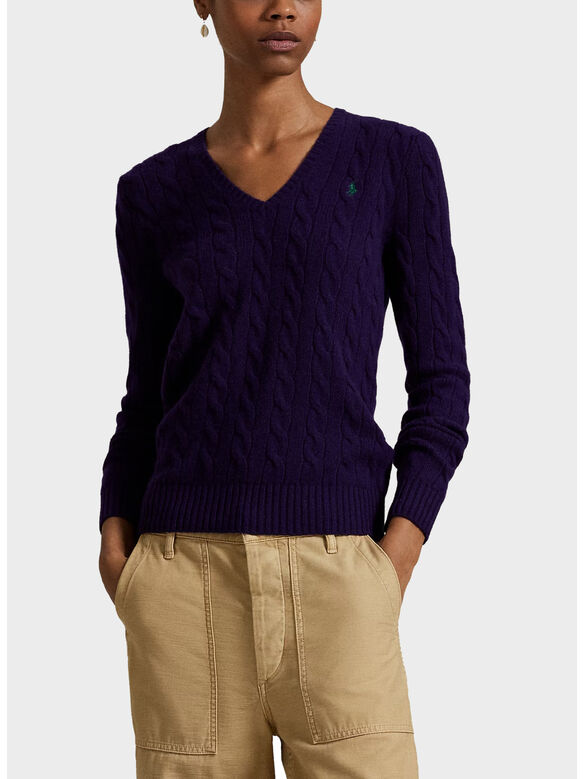 MAGLIONE CON SCOLLO A V IN MAGLIA TRECCIATO KIMBERLY, MIDNIGHT PURPLE, medium