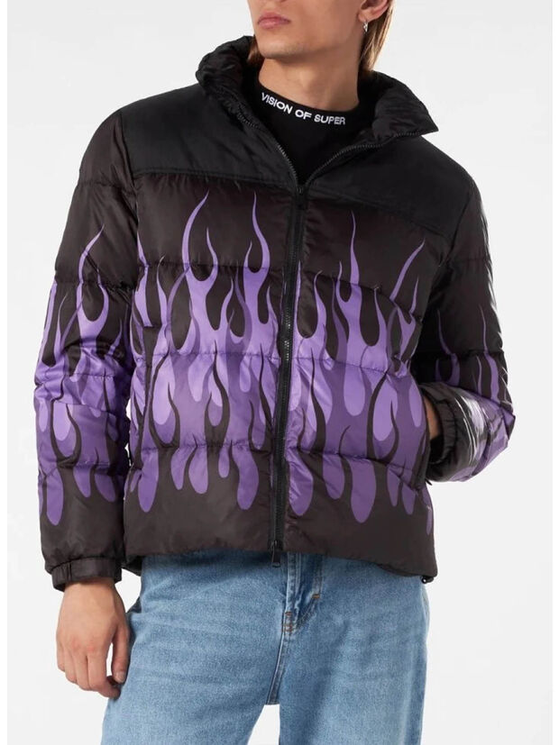GIUBBOTTO PUFFY WITH PURPLE FLAMES, BLACK, large