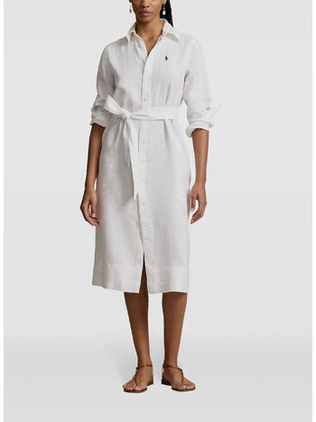 ABITO CHEMISIER IN COTONE E LINO CON CINTURA, WHITE, small