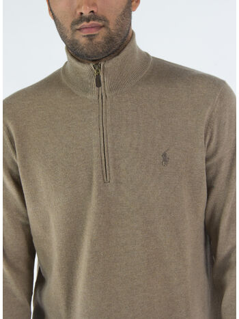 PULLOVER CON COLLO ALTO E MEZZA ZIP, HONEY BROWN HEATHER, small