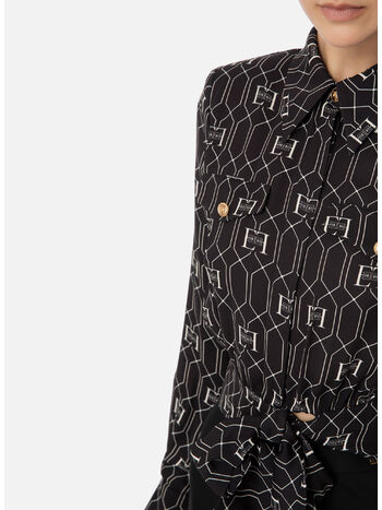 CAMICIA CROP IN VISCOSA CON STAMPA LOGO, 685 NERO BURRO, small