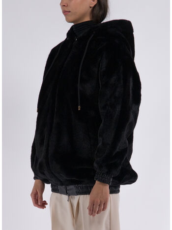 CAPPOTTO CORTO BOMBER CON CAPPUCCIO IN PELLICCIA, 024 NERO, small